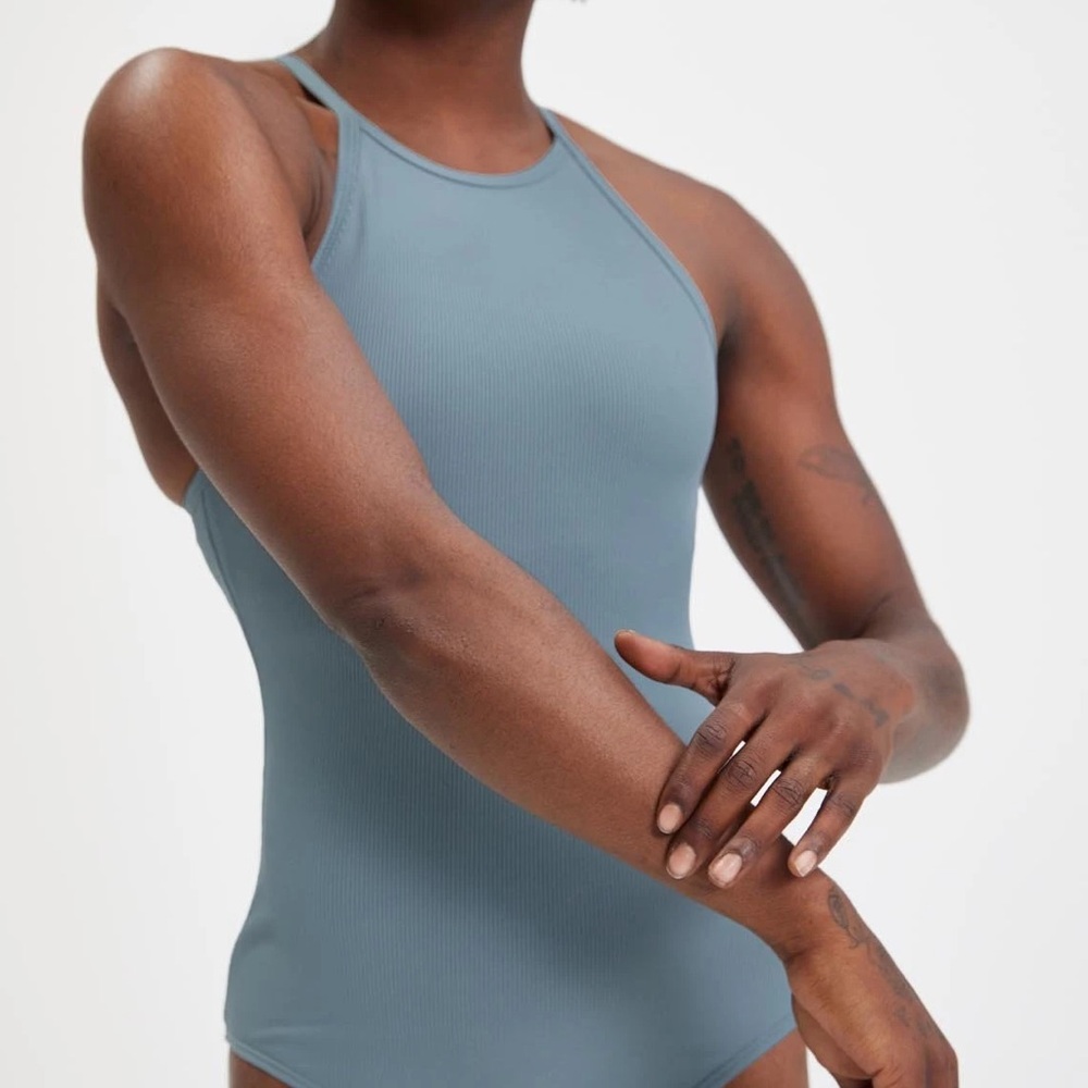 girlfriend collective ribbed high neck marlow bodysuit blue size S adjustable